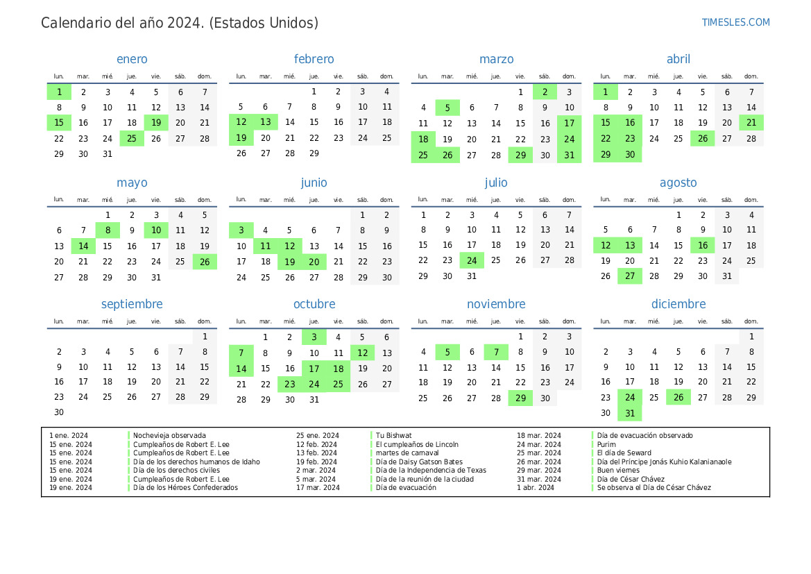 Calendario 2024 con días festivos en Estados Unidos Imprimir y