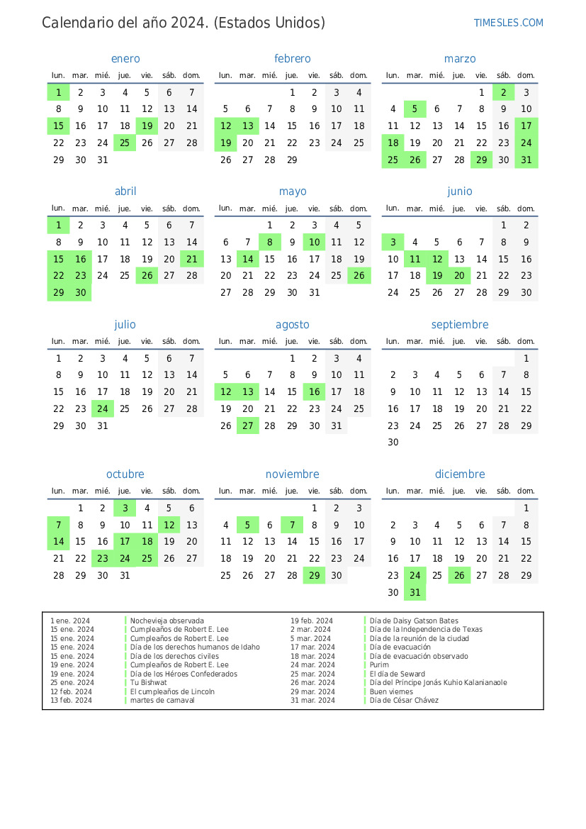 Calendario 2024 con días festivos en Estados Unidos Imprimir y