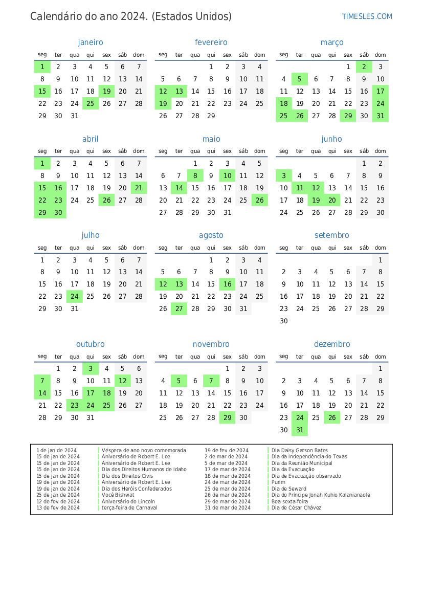 Calendário 2024 com feriados nos Estados Unidos Imprimir e baixar