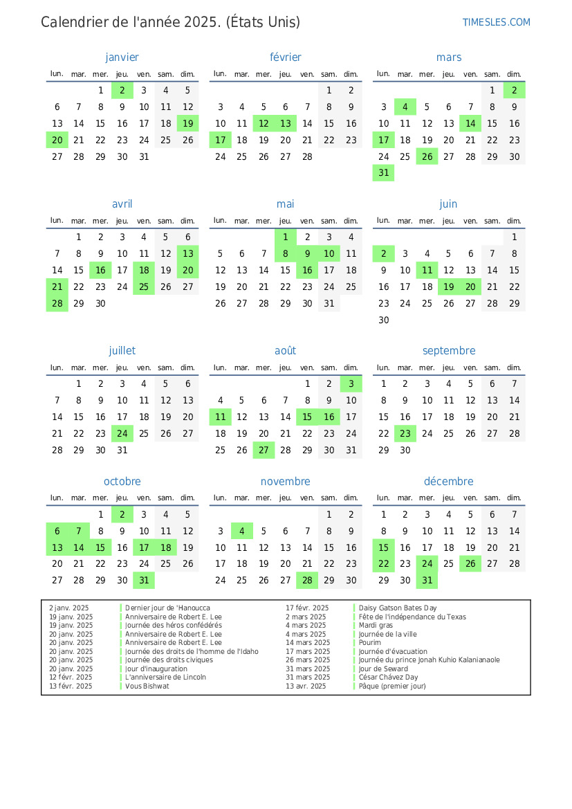 Calendrier 2025 avec jours fériés aux ÉtatsUnis Imprimer et