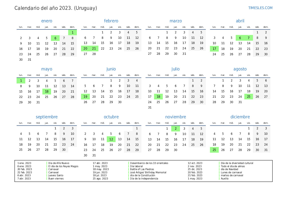 Calendario 2023 con días festivos en uruguay Imprimir y descargar