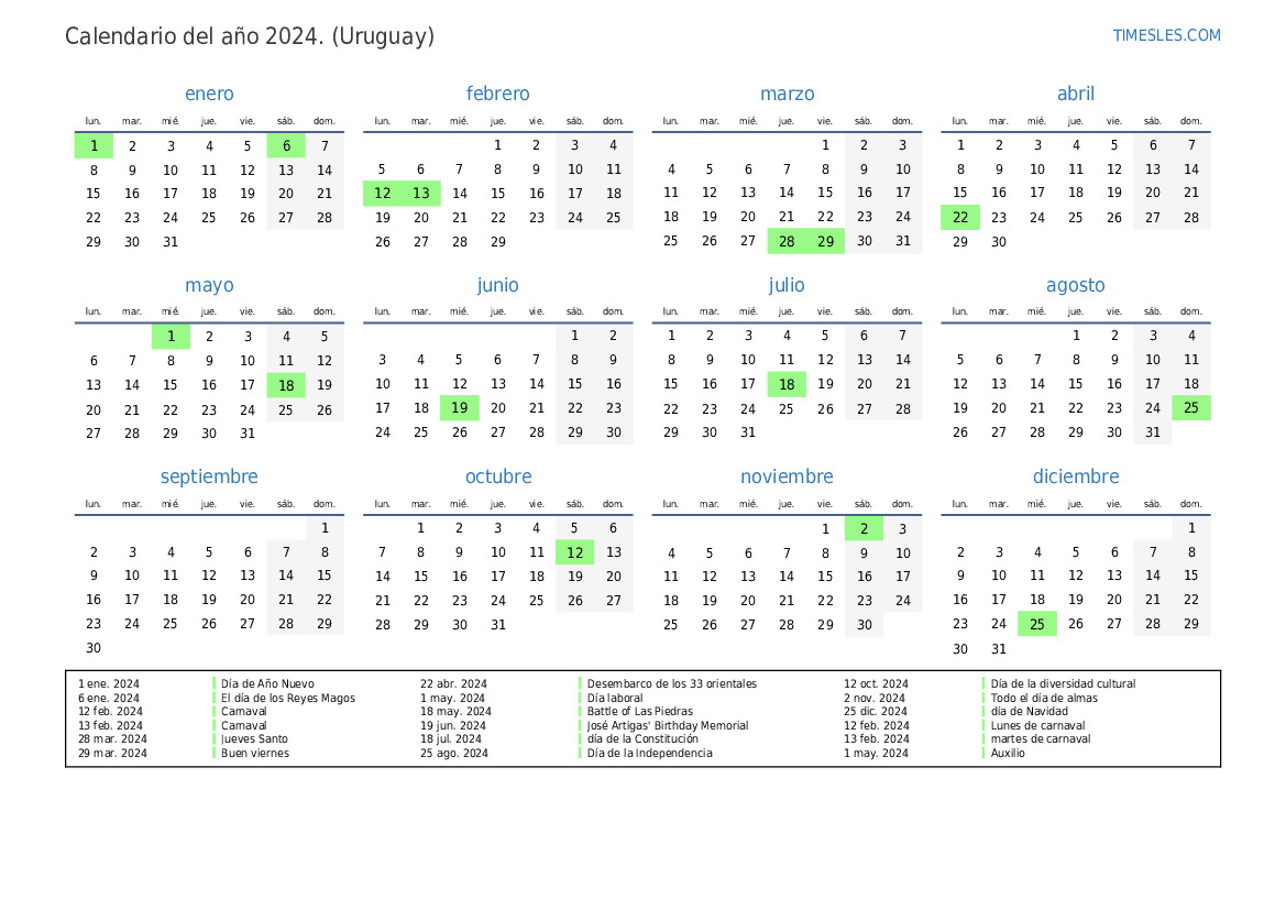 Calendario 2024 con días festivos en uruguay Imprimir y descargar