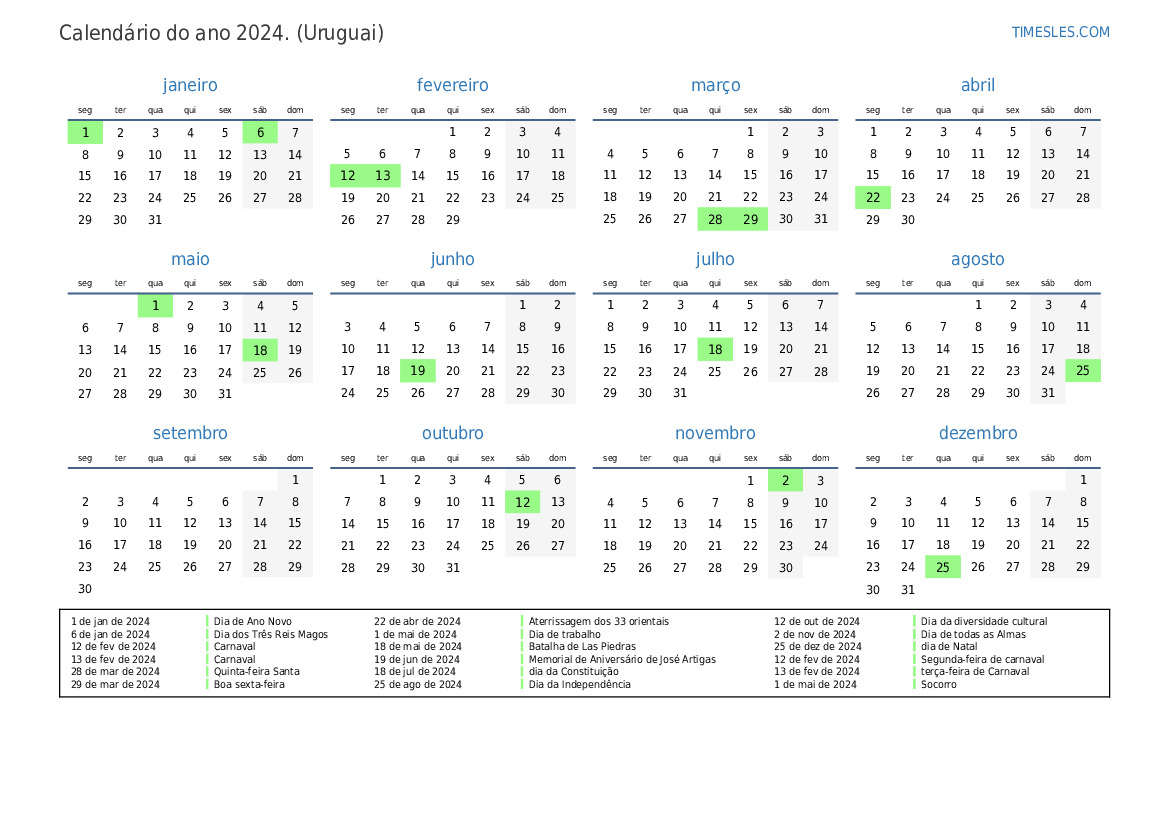 Calendário 2024 com feriados no uruguaio Imprimir e baixar calendário