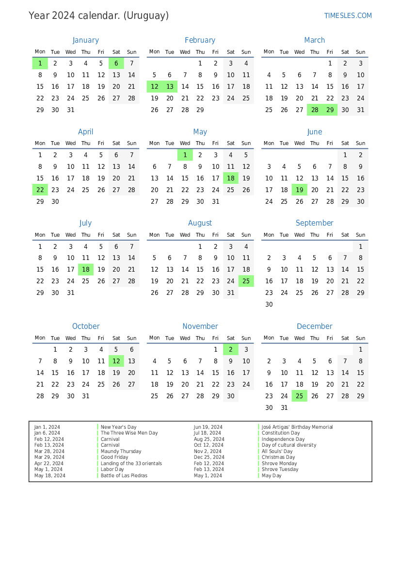 Calendar for 2024 with holidays in Uruguay Print and download calendar