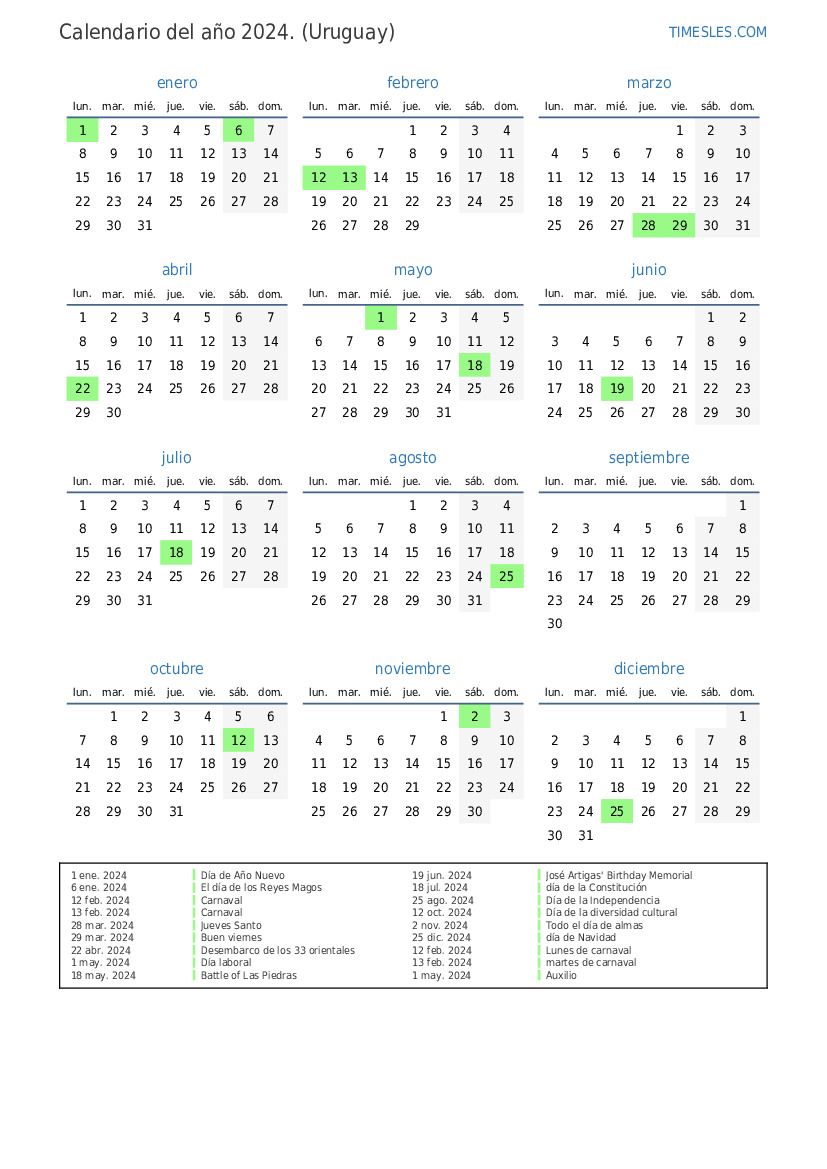 Calendario 2024 con días festivos en uruguay Imprimir y descargar