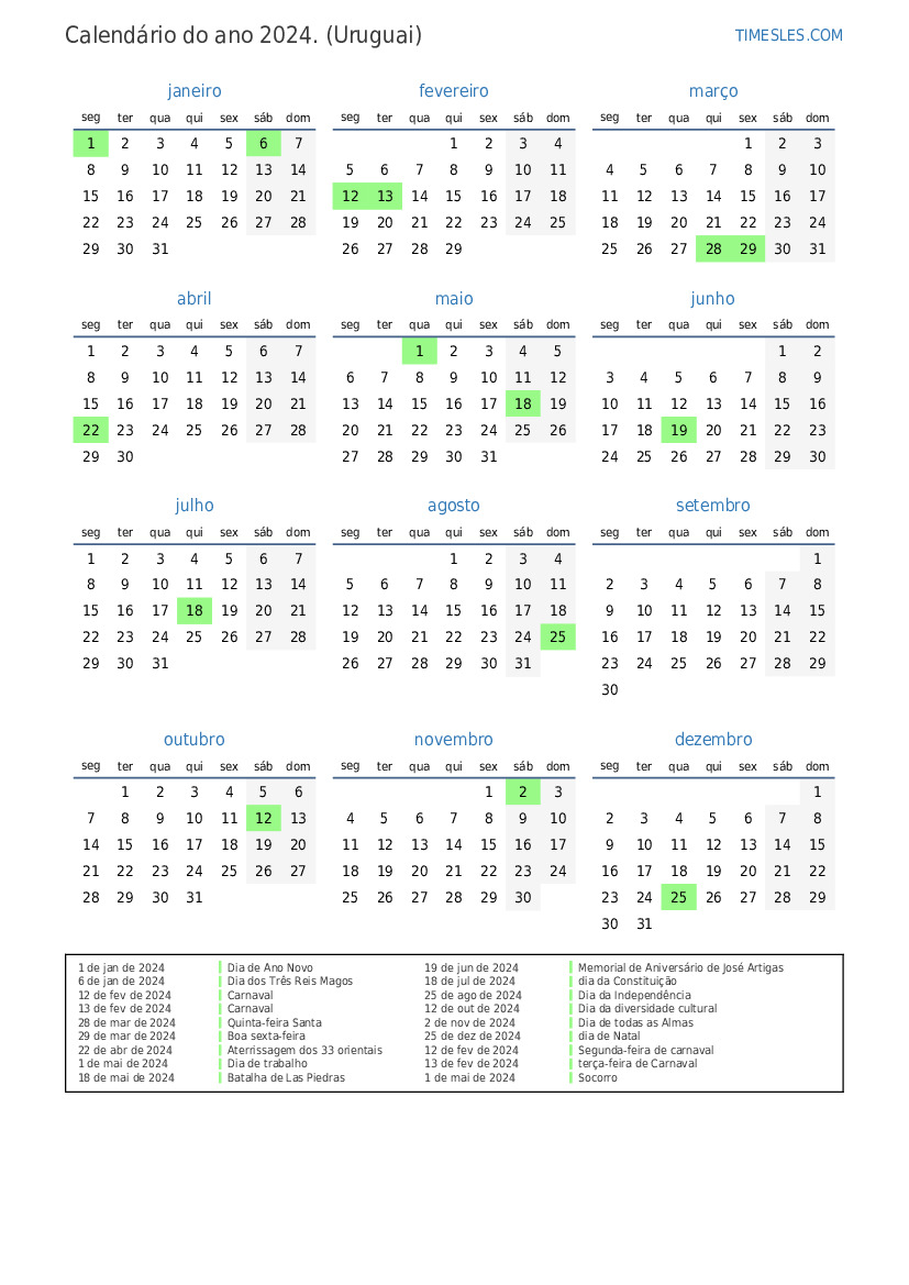 Calendário 2024 com feriados no uruguaio Imprimir e baixar calendário