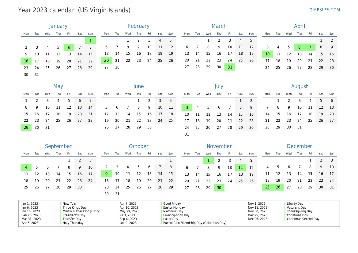 Calendar for 2023 with holidays in US Virgin Islands Print and