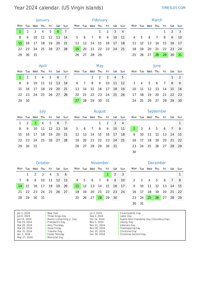 Calendar for 2024 with holidays in US Virgin Islands Print and
