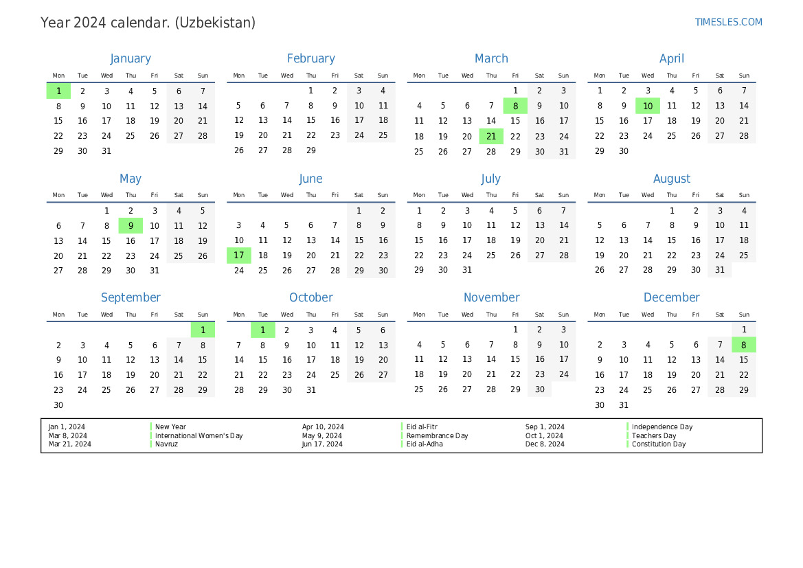 Calendar for 2024 with holidays in Uzbekistan Print and download calendar
