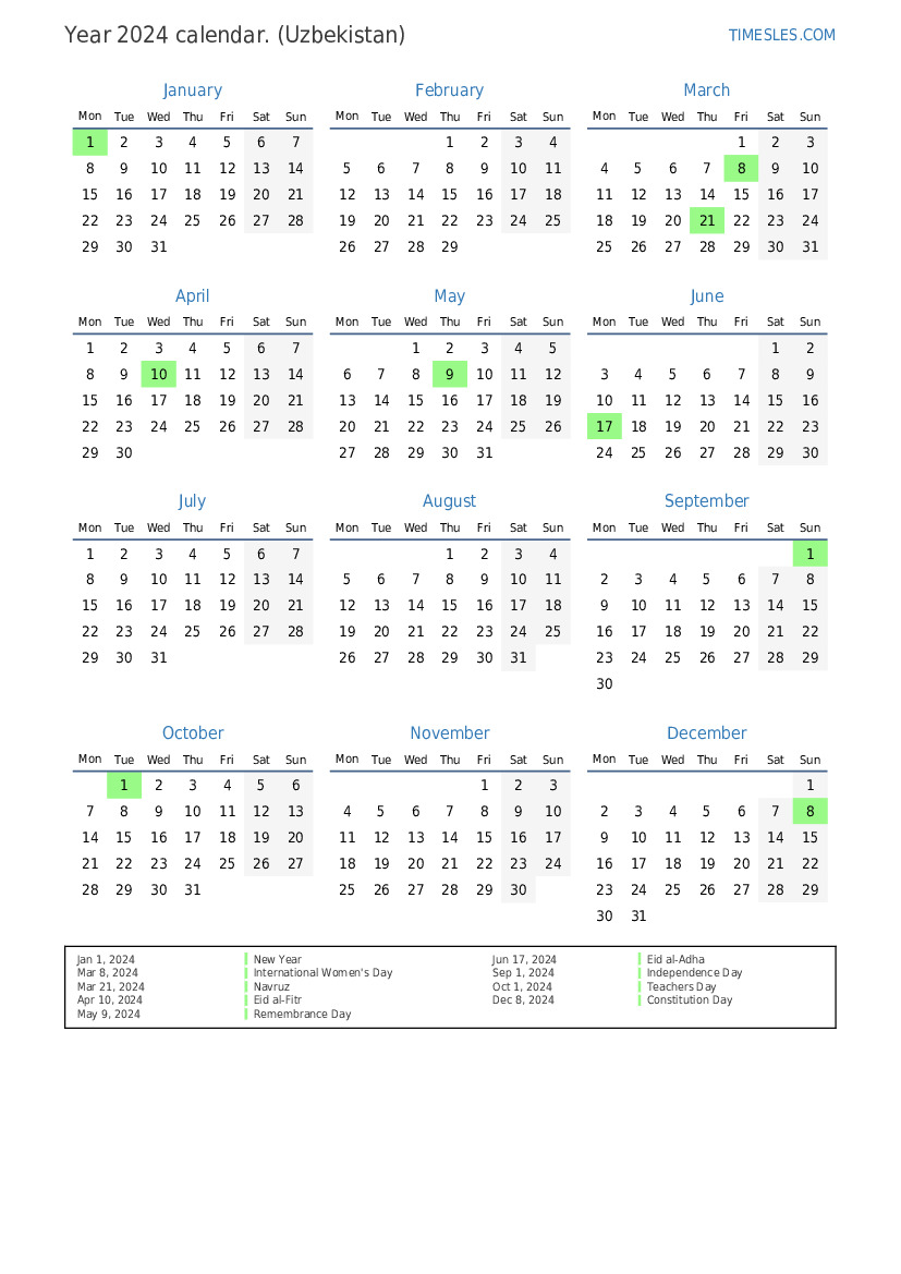 Calendar for 2024 with holidays in Uzbekistan Print and download calendar