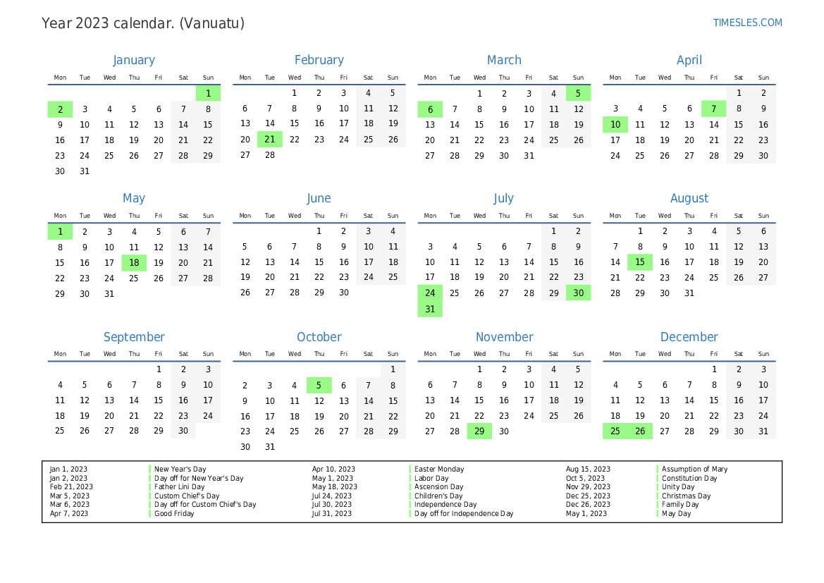 Calendar for 2023 with holidays in Vanuatu | Print and download calendar