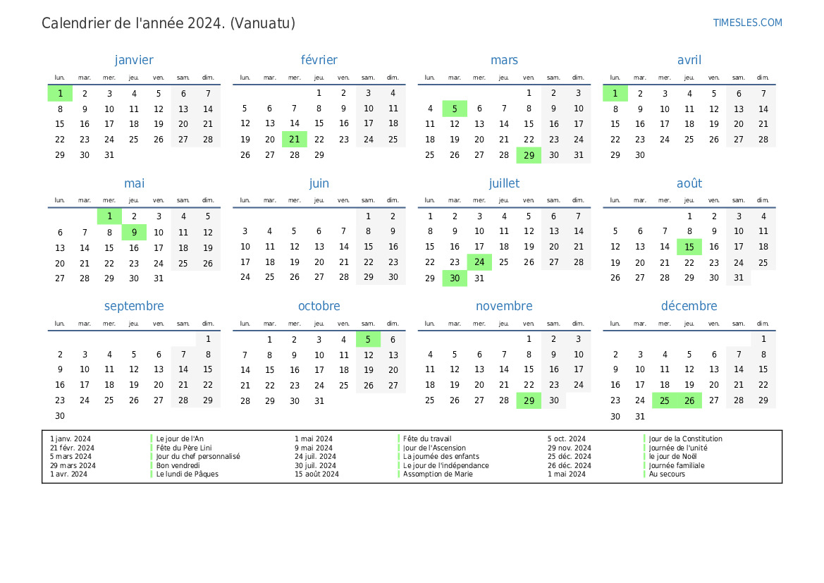 Calendrier 2024 avec jours fériés au Vanuatu Imprimer et télécharger