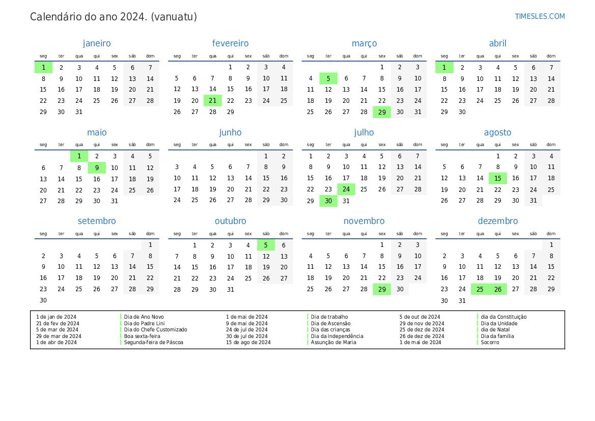 Calendário 2024 com feriados em Vanuatu Imprimir e baixar calendário