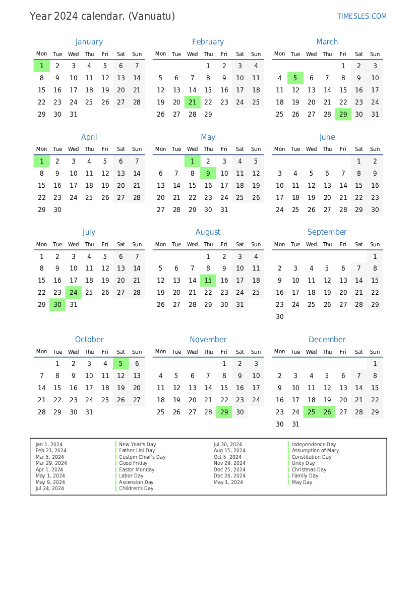 Calendar for 2024 with holidays in Vanuatu Print and download calendar