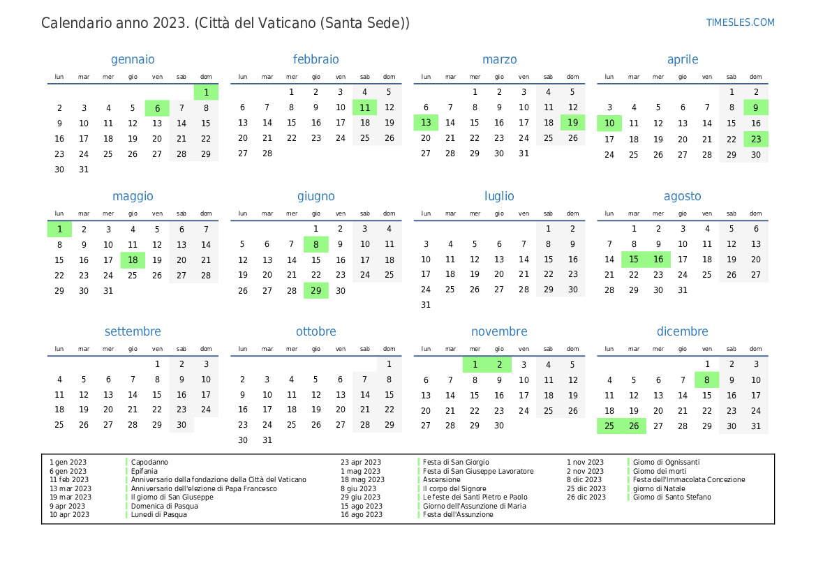 Calendario per il 2023 con giorni festivi a Città del Vaticano (Santa