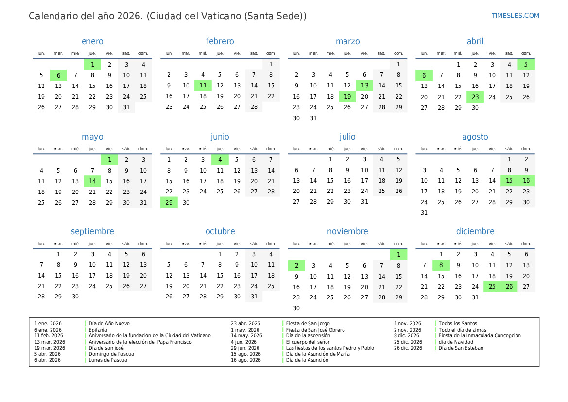 Calendario 2026 con días festivos en Ciudad del Vaticano (Santa Sede