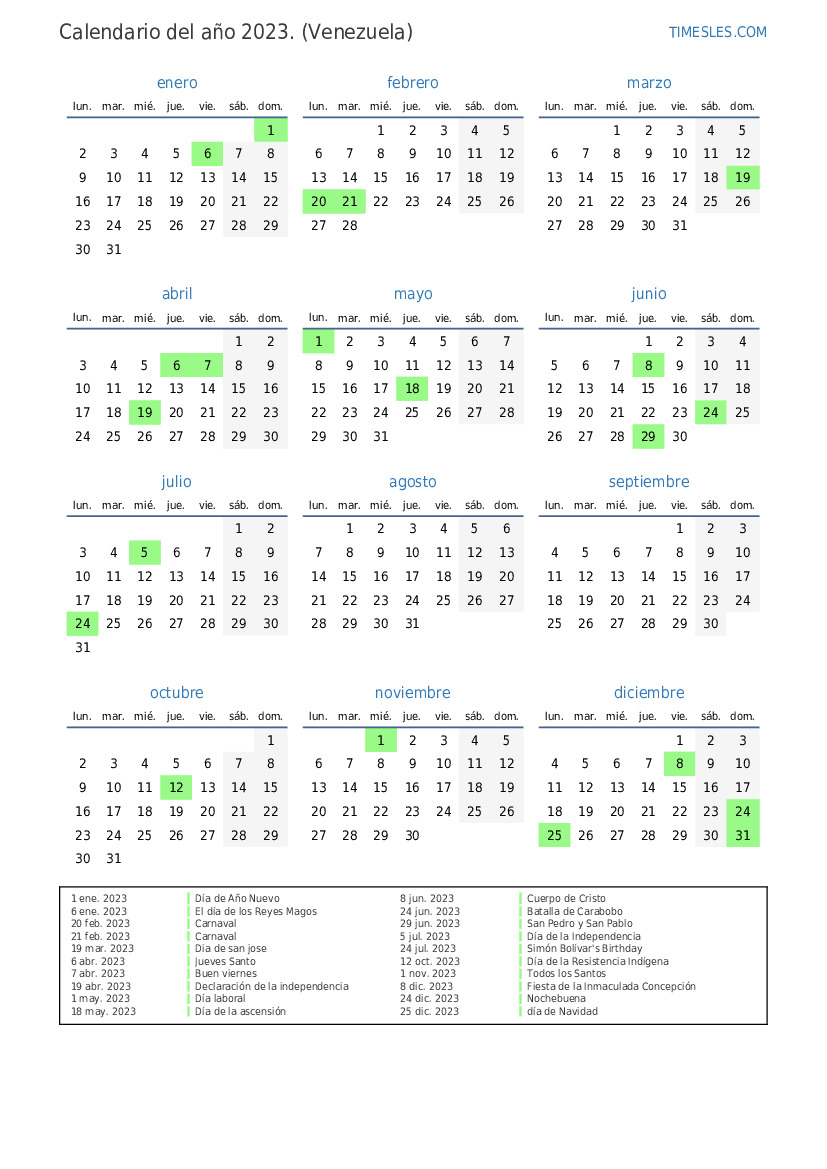 Calendario 2023 con días festivos en Venezuela Imprimir y descargar