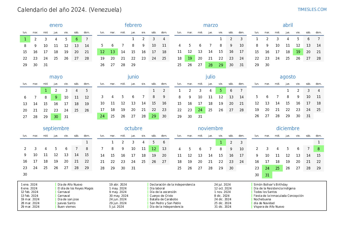 Calendario 2024 con días festivos en Venezuela Imprimir y descargar