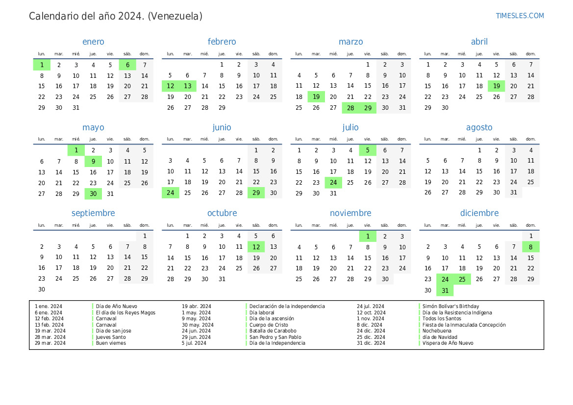 Calendario 2024 Con D as Festivos En Venezuela Imprimir Y Descargar 