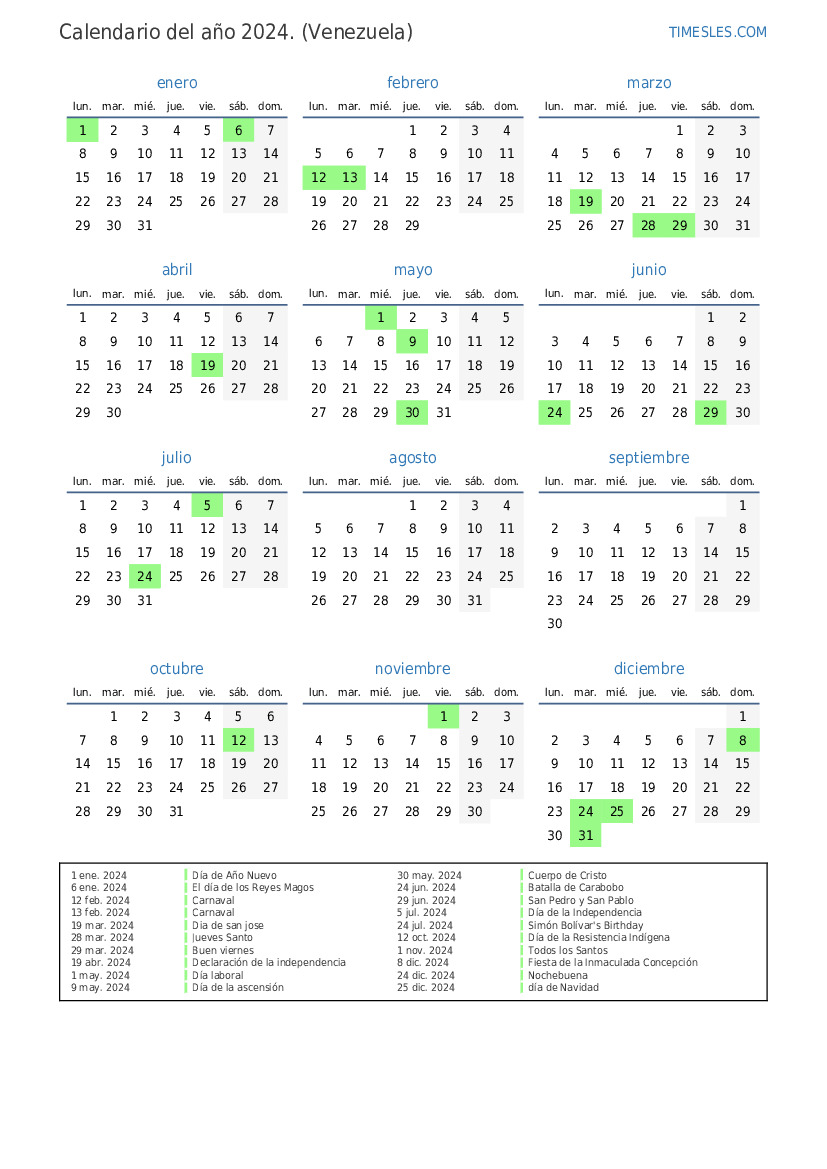 Calendario 2024 con días festivos en Venezuela Imprimir y descargar