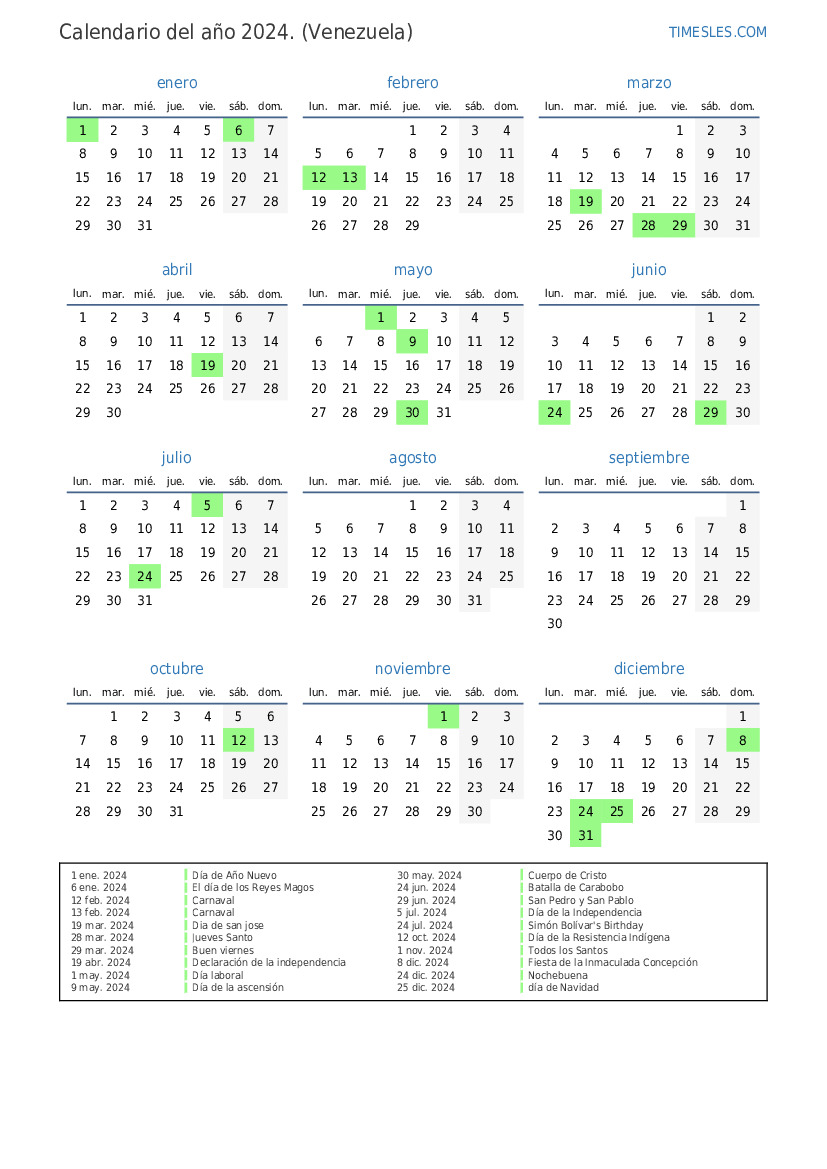 Calendario 2024 Con D as Festivos En Venezuela Imprimir Y Descargar 