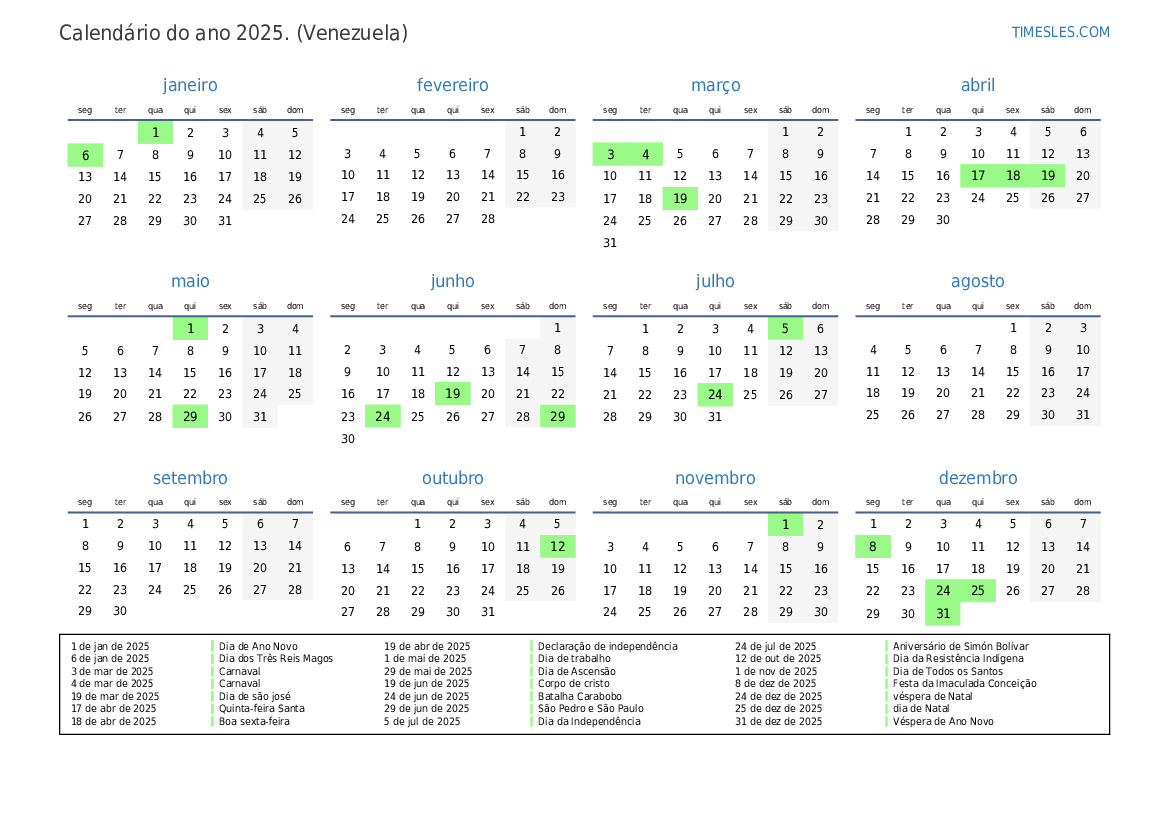 Calendário 2025 com feriados na venezuela Imprimir e baixar calendário