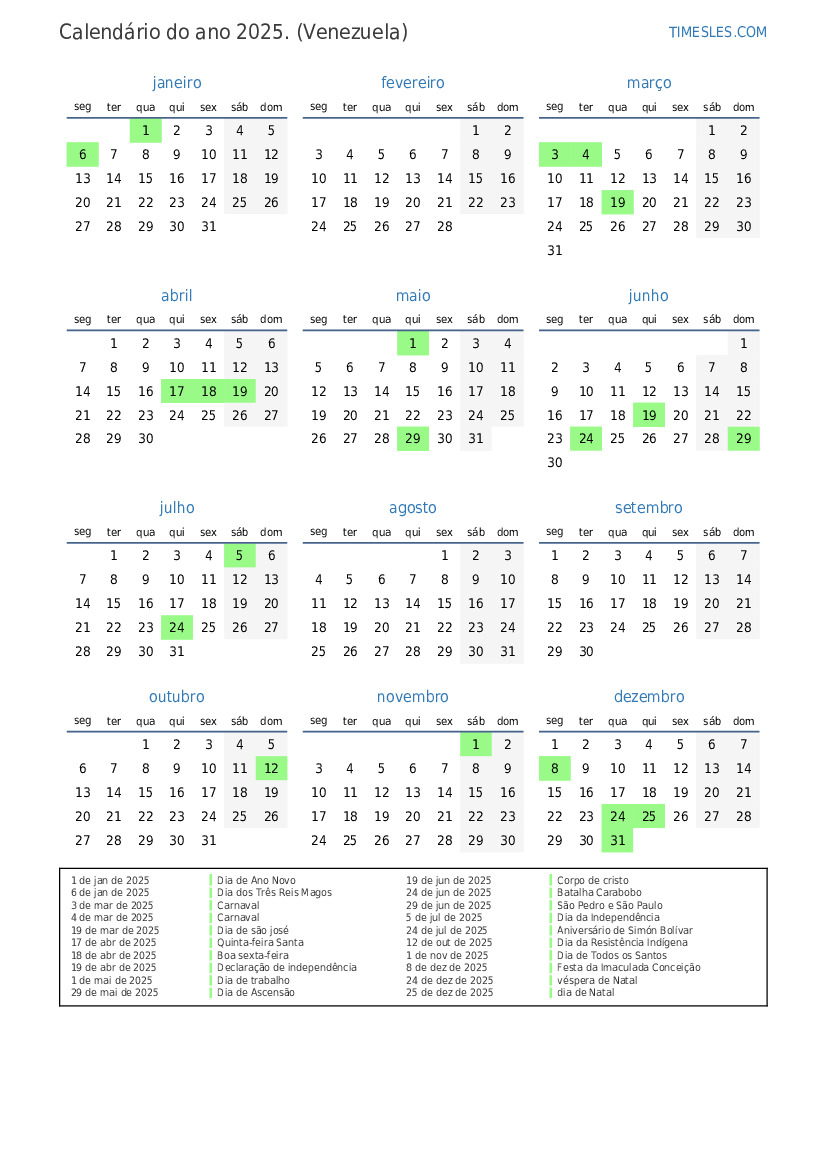 Calendário 2025 com feriados na venezuela Imprimir e baixar calendário
