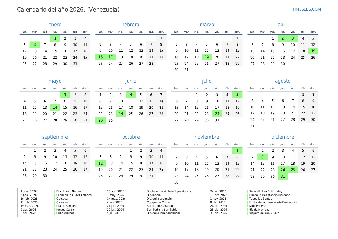 Calendario 2026 con días festivos en Venezuela Imprimir y descargar