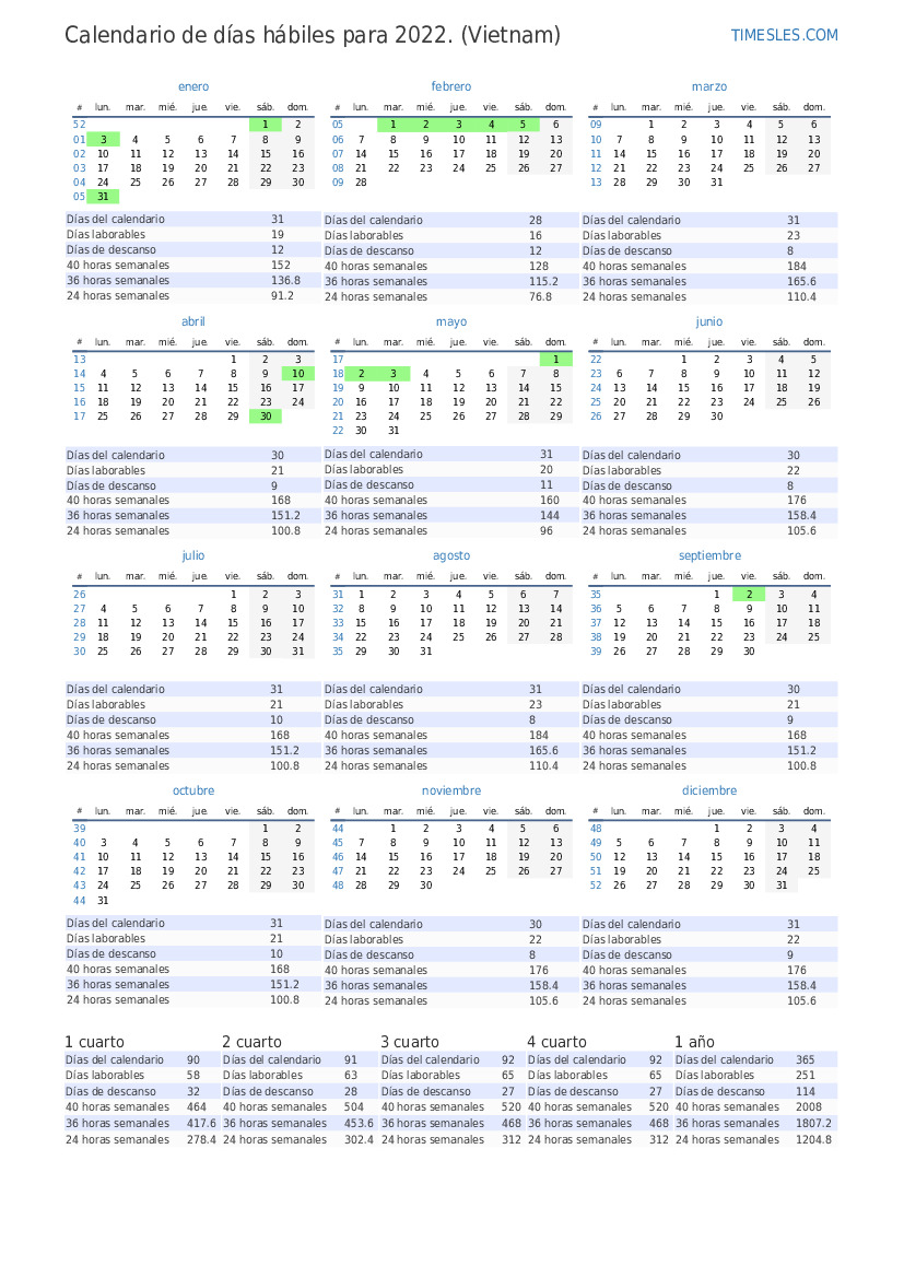 Calendario de días laborales para abril de 2022 con festivos en Vietnam
