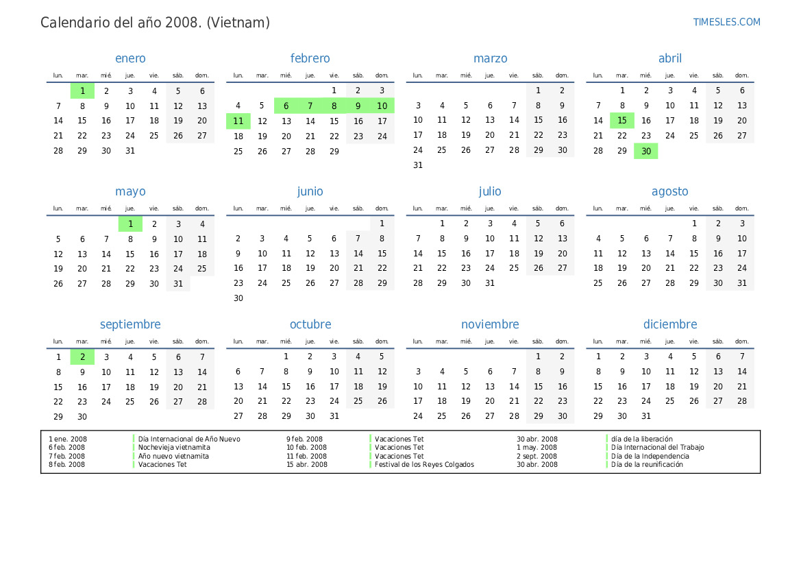 Calendario 2008 con días festivos en Vietnam Imprimir y descargar