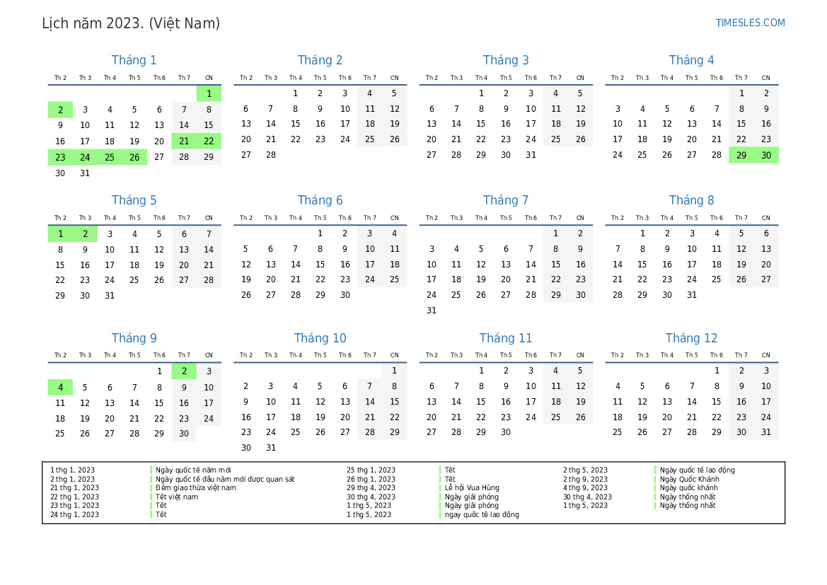 Calendar 2023 Vietnam - Calendar 2023 With Federal Holidays