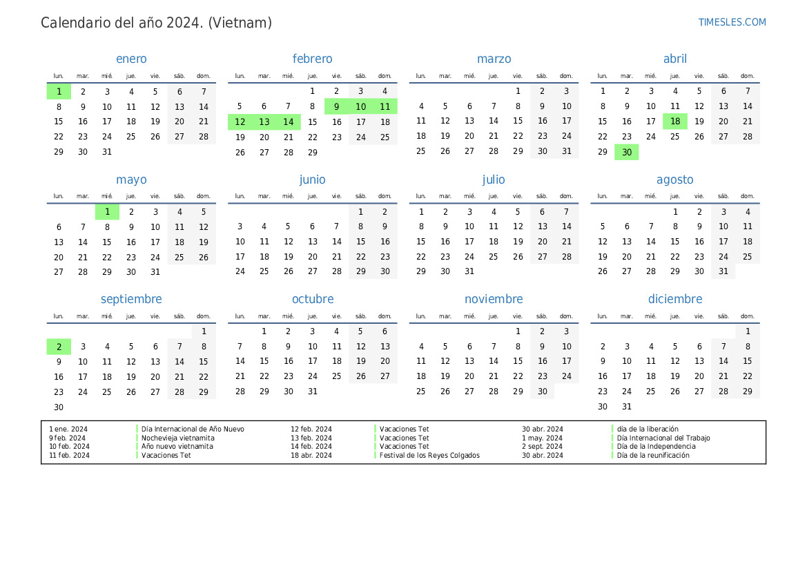 Calendario 2024 con días festivos en Vietnam Imprimir y descargar