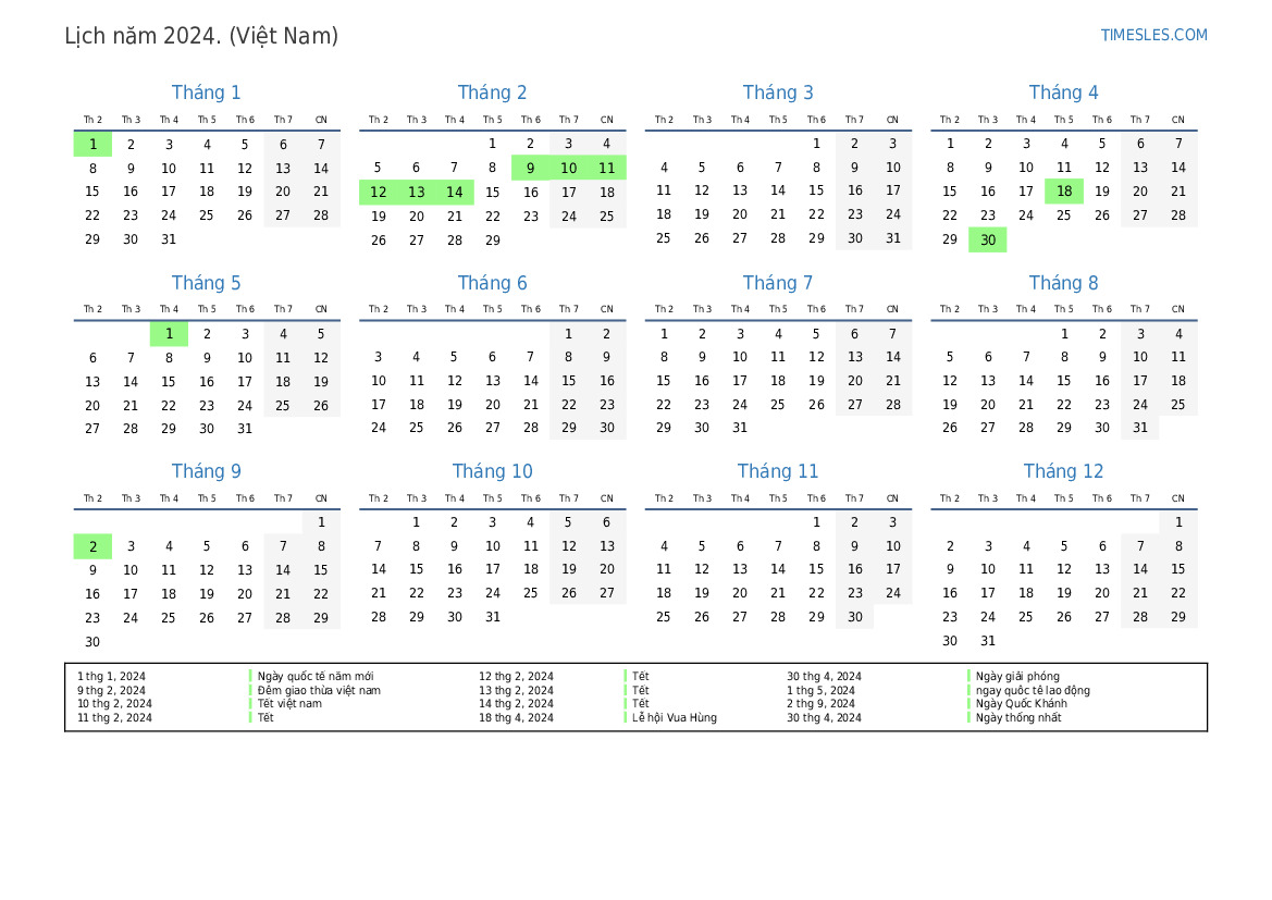 Lịch cho năm 2024 với các ngày lễ ở Việt Nam In và tải xuống lịch