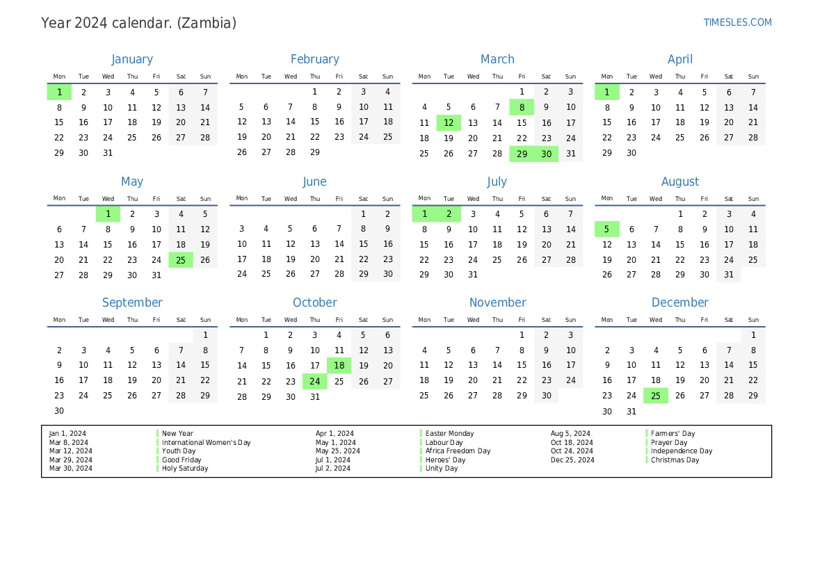 Calendar for 2024 with holidays in Zambia Print and download calendar