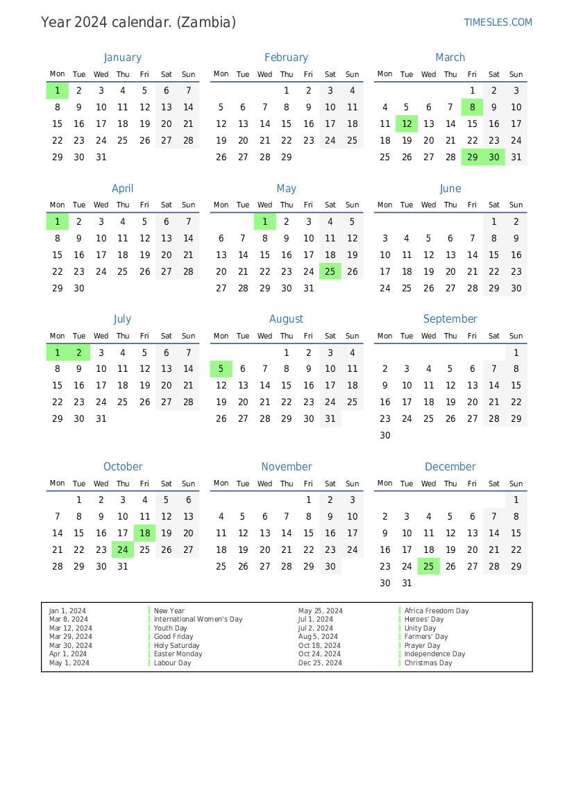 Calendar for 2024 with holidays in Zambia Print and download calendar