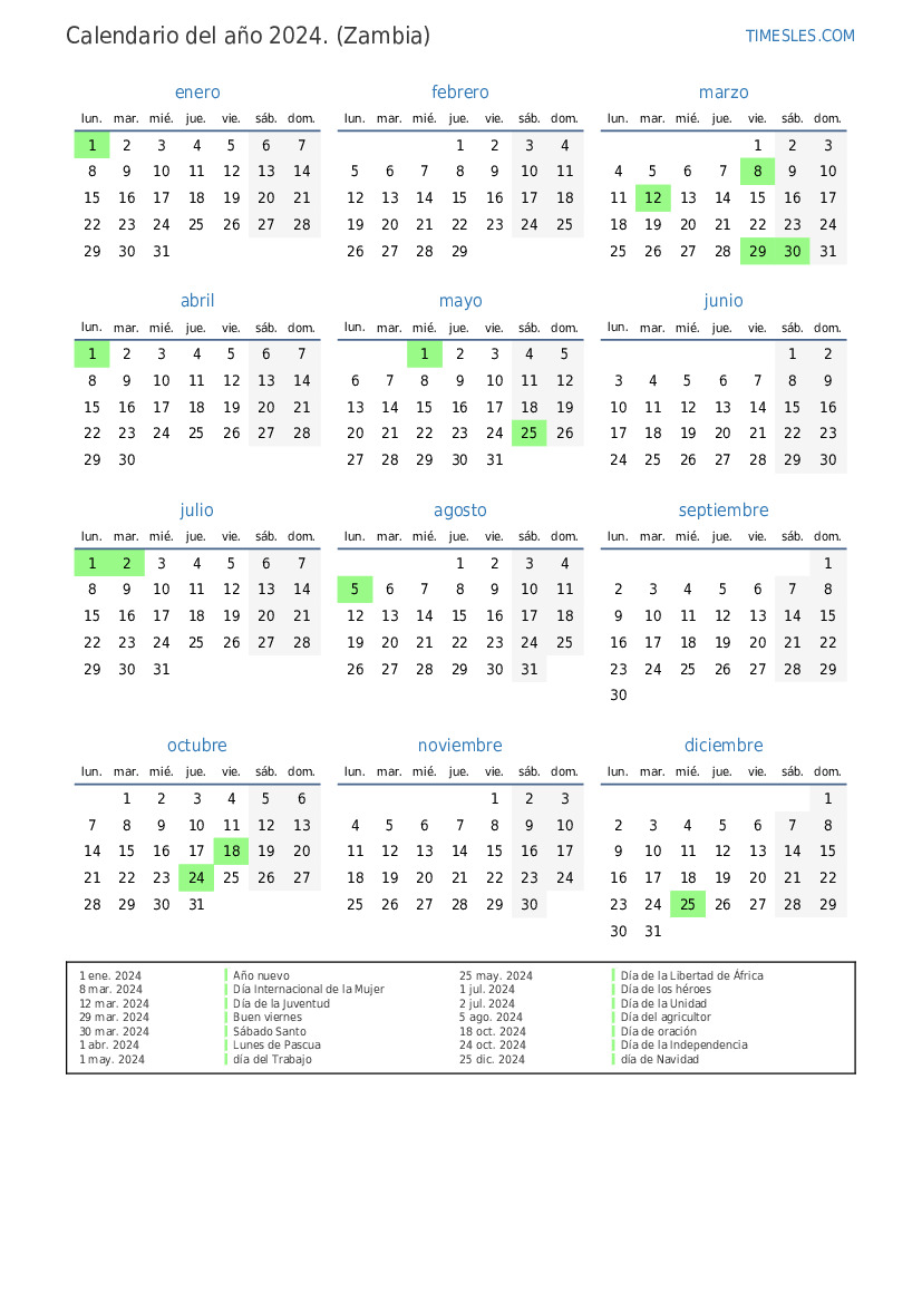 Calendario 2024 con días festivos en Zambia Imprimir y descargar