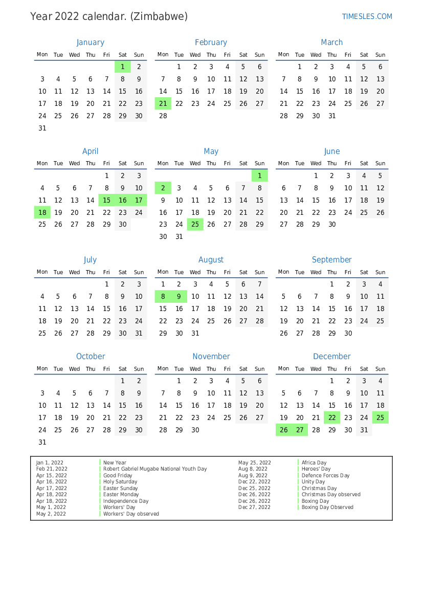 Calendar for 2022 with holidays in Zimbabwe Print and download calendar