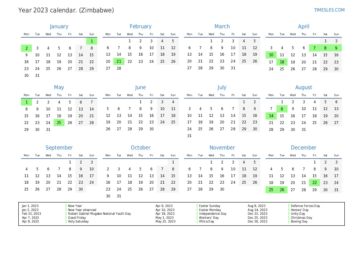 Calendar for 2023 with holidays in Zimbabwe Print and download calendar
