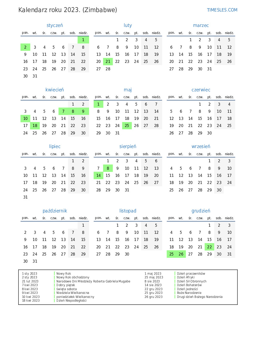 Kalendarz na 2023 rok z wakacjami w Zimbabwe Wydrukuj i pobierz kalendarz