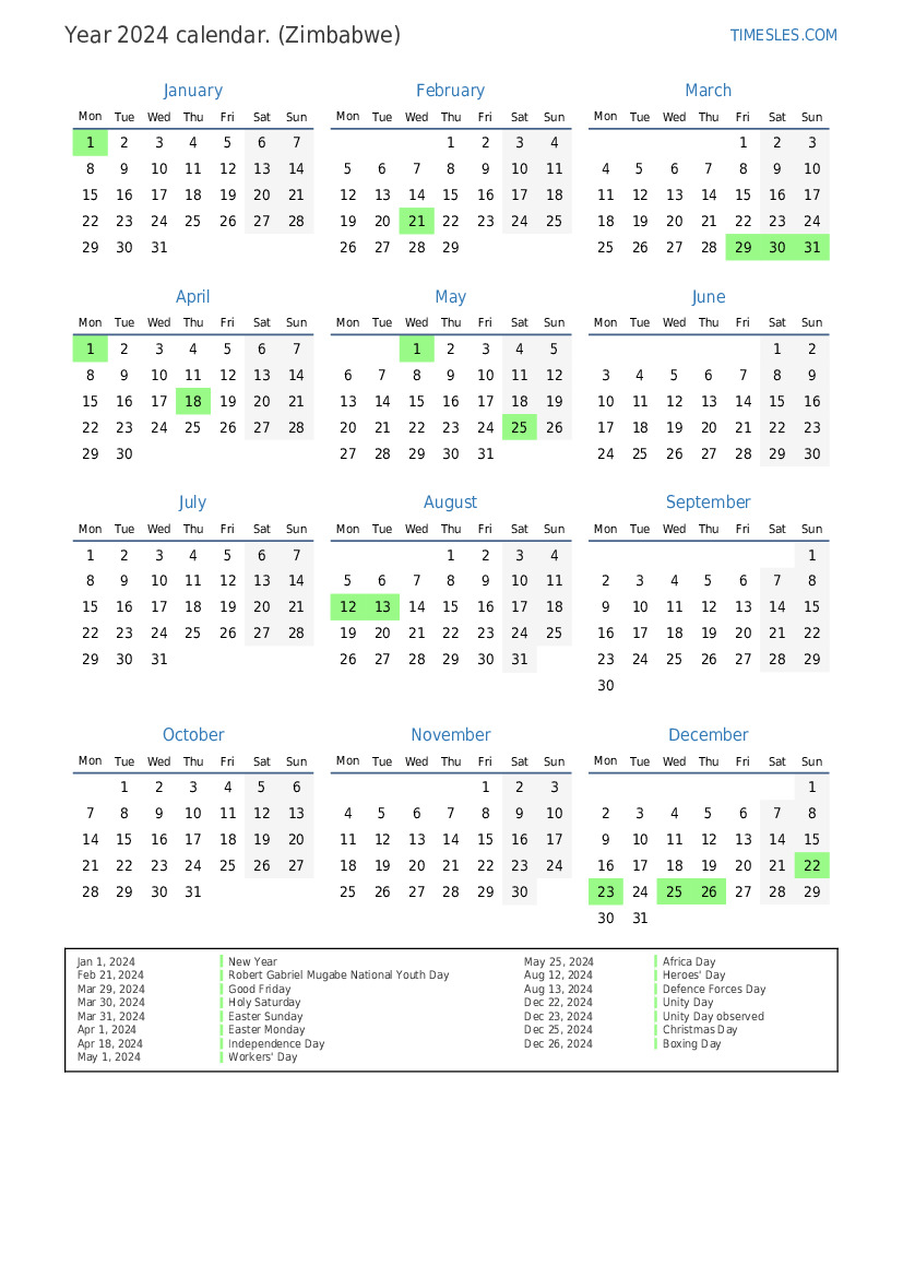 Calendar for 2024 with holidays in Zimbabwe Print and download calendar
