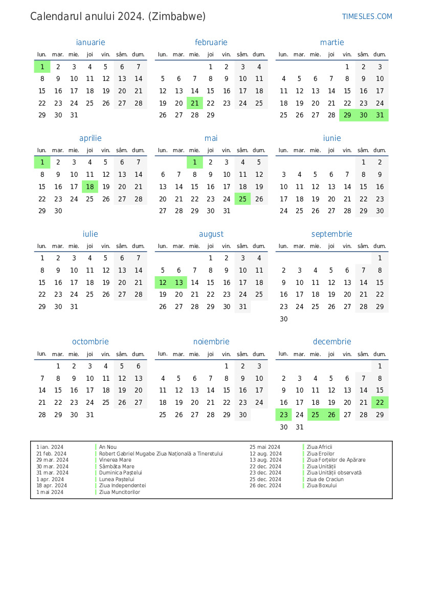 Calendar pentru anul 2024 cu sărbători în Zimbabwe Imprimați și